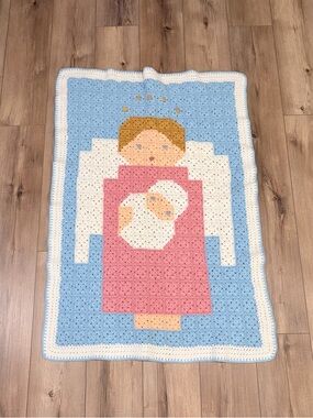 Vintage Mother Baby Crochet Blanket Cottagecore Angel Nursery Throw Gift